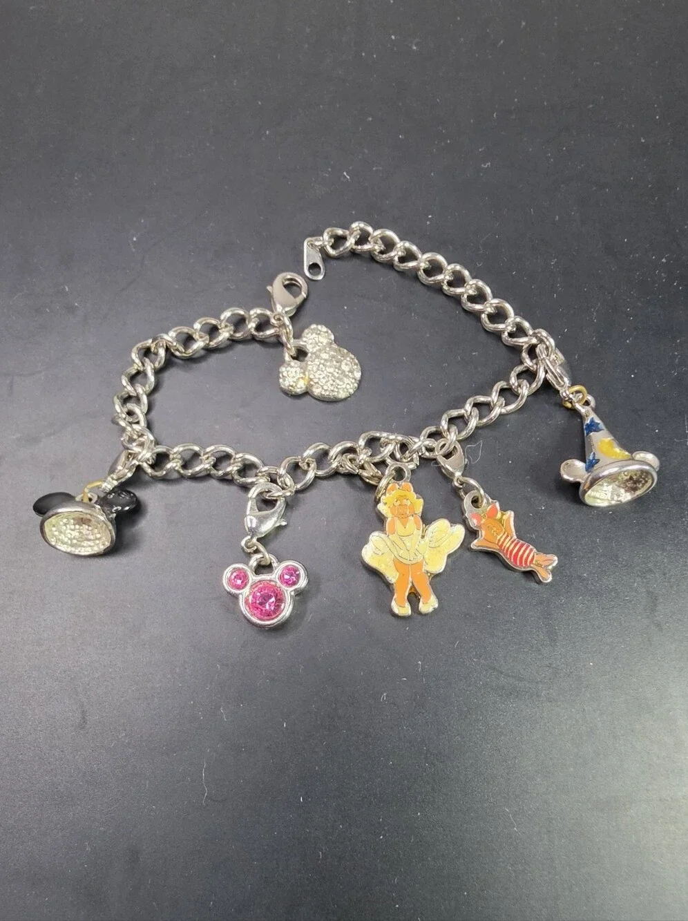 Kids Disney Silver Charm Bracelet with Pink and Black Mickey Charms